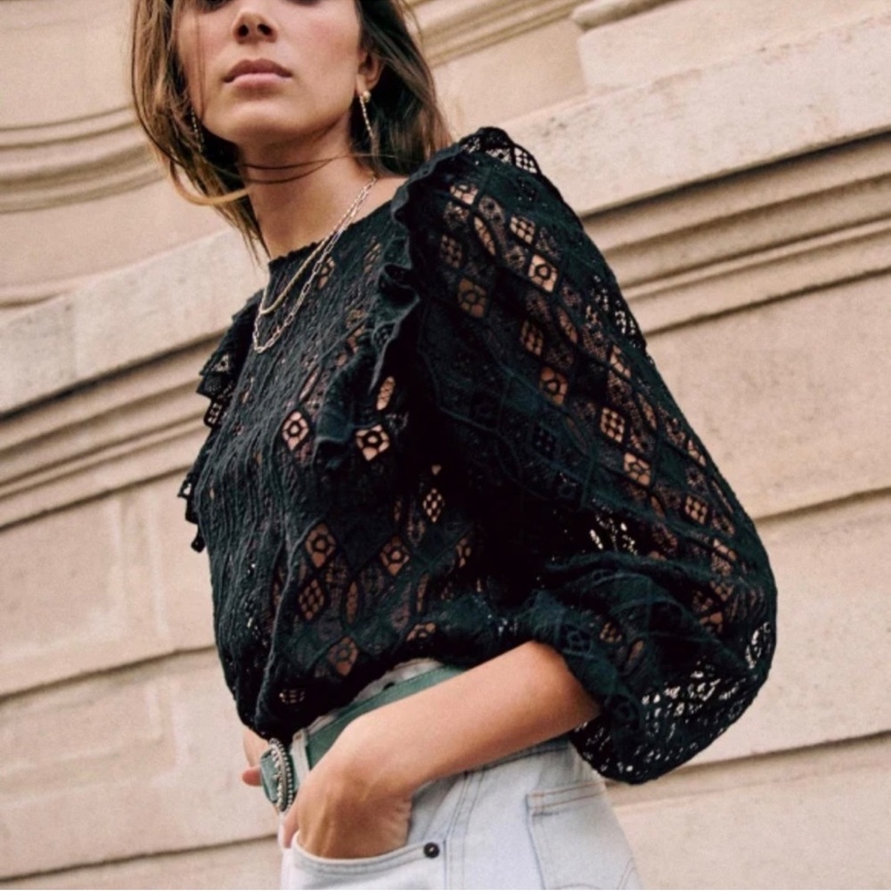 Sezane Salina Noir Black Lace Long Sleeve Blouse 46/ US 14